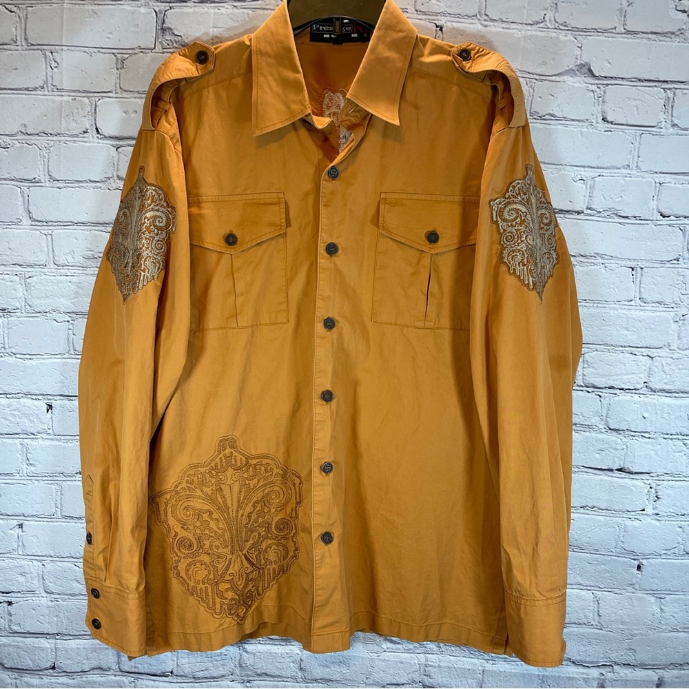 Royal Prestige Shirt Mens Large Orange‎ Long Sleeve Button Embroidered Patchwork